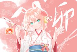 Rule 34 | 1girl, absurdres, animal ears, arrow (projectile), bell, blue eyes, chickenbstrip, flower, hair bell, hair flower, hair ornament, hamaya, head tilt, highres, holding, holding arrow, japanese clothes, kanzashi, kimono, looking at viewer, original, pink background, rabbit ears, rabbit girl, smile, solo, upper body