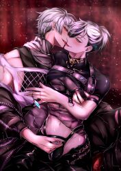 Rule 34 | 2boys, alternate hair color, black hair, blush, brown eyes, chest strap, crystal, earrings, eiden (nu carnival), french kiss, green eyes, grey hair, hair over one eye, half-closed eyes, highres, jewelry, kiss, licking, male focus, midriff, multicolored hair, multiple boys, navel, necklace, nipples, nu carnival, parted lips, rei (nu carnival), short hair, short ponytail, smile, smug, strap, teeth, tongue, tongue out, upper teeth only, yadome810, yaoi, zipper, zipper pull tab