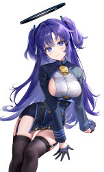 Rule 34 | 1girl, absurdres, ako (blue archive), ako (blue archive) (cosplay), bell, blue archive, breasts, buttons, cosplay, cowbell, double-breasted, garter straps, gloves, half gloves, halo, highres, large breasts, long hair, looking at viewer, neck bell, parted bangs, purple eyes, purple hair, rity, sideboob, sidelocks, simple background, thighhighs, two side up, yuuka (blue archive)