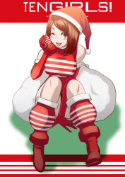 Rule 34 | 1girl, :p, ass, bare shoulders, blush, boots, breasts, brown eyes, butcha-u, christmas, cleavage, elbow gloves, gloves, hat, large breasts, mole, one eye closed, personification, product girl, red gloves, sack, santa costume, santa hat, short hair, sitting, solo, striped, tenga, tengirl, tengirls, tongue, tongue out, towa (tengirls), wink