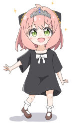 Rule 34 | 1girl, :d, ahoge, anya (spy x family), black dress, blush, bobby socks, bow, brown footwear, collarbone, commentary request, dress, full body, green eyes, hair between eyes, highres, kapuru 0410, looking at viewer, open mouth, pink hair, shadow, shoes, short sleeves, smile, socks, solo, sparkle, spy x family, standing, tiara, white background, white bow, white socks, wide sleeves