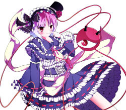 Rule 34 | 1girl, alternate costume, armband, blush, bodice, bow, dress, finger to mouth, flower, frilled dress, frills, gradient hair, hair bow, hairband, hat, highres, komeiji satori, lolita fashion, lolita hairband, looking at viewer, multicolored hair, pink eyes, pink flower, pink rose, rose, satou (3366 s), short hair, simple background, sleeves past wrists, solo, third eye, top hat, touhou, white background