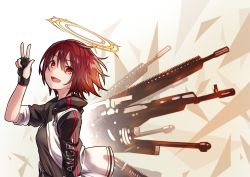 Rule 34 | 1girl, :d, arknights, arm up, black gloves, black shirt, energy wings, exusiai (arknights), fingerless gloves, gloves, glowing, glowing wings, gun, hair between eyes, halo, jacket, kazana (sakuto), looking at viewer, open clothes, open jacket, open mouth, red eyes, red hair, shirt, short hair, short sleeves, smile, solo, submachine gun, w, weapon, weapon request, white jacket, wings