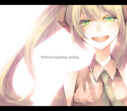 Rule 34 | 1girl, blush, english text, engrish text, female focus, green eyes, green hair, hair ornament, hatsune miku, letterboxed, long hair, matching hair/eyes, necktie, open mouth, ragi (pluie), ranguage, smile, solo, teeth, twintails, vocaloid, white background