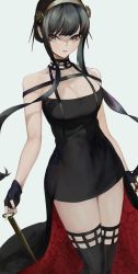 Rule 34 | 1girl, absurdres, bare arms, bare shoulders, black dress, black gloves, black hair, black thighhighs, breasts, cleavage, commentary, cowboy shot, dress, gloves, grey background, grey eyes, grey hairband, hairband, highres, kajuu, large breasts, pencil dress, short hair with long locks, simple background, solo, spy x family, standing, thighhighs, thighs, two-sided dress, two-sided fabric, yor briar, zettai ryouiki