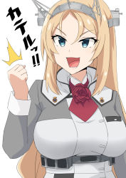 Rule 34 | 1girl, blonde hair, blue eyes, breasts, clenched hand, flower, hair between eyes, headgear, junes, kantai collection, large breasts, long hair, long sleeves, nelson (kancolle), open mouth, red flower, red neckwear, red rose, rose, simple background, solo, translation request, upper body, white background