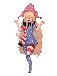 Rule 34 | 1girl, american flag dress, american flag legwear, bad id, bad pixiv id, blonde hair, clownpiece, dress, facing viewer, fairy wings, full body, hair between eyes, happy, hat, highres, jester cap, long hair, neck ruff, open mouth, pantyhose, pink hat, short eyebrows, short sleeves, simple background, smile, solo, soya6479, standing, standing on one leg, star (symbol), star print, teeth, thick eyebrows, touhou, upper teeth only, very long hair, white background, wings