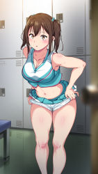 Rule 34 | 1girl, :o, alp, blush, breasts, brown hair, cheer girl wo ecchi na me de miru nante saiteette itteta ano musume ga..., cheerleader, cleavage, clothes lift, feet out of frame, female focus, groin, hair between eyes, highres, indoors, large breasts, legs, locker, locker room, looking at viewer, midriff, navel, original, parted lips, skirt, skirt lift, solo, standing, thighs, twintails, undressing, uniform, yellow eyes