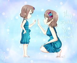 Rule 34 | 1girl, aqua dress, artist request, bare shoulders, blue eyes, blush, bow, breasts, cleavage, dress, dual persona, female focus, flower, gluteal fold, grey hair, hair bow, hair flower, hair ornament, high heels, jewelry, looking at viewer, love live!, love live! sunshine!!, necklace, pearl necklace, petals, sandals, shipped (artist), shoes, short hair, smile, solo, watanabe you
