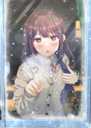 Rule 34 | 1girl, bag, blue scrunchie, blush, bow, bowtie, breasts, brown hair, buttons, cardigan, carrying bag, carrying over shoulder, collared shirt, commentary request, condensation, drawn heart, fog, fushimi asuha, heart, highres, light particles, long hair, long sleeves, looking at viewer, open mouth, original, pink nails, plaid, plaid bow, plaid bowtie, red bow, red bowtie, school bag, school uniform, scrunchie, shirt, small breasts, snow, solo, straight hair, upper body, white shirt, window, window fog, wrist scrunchie, yellow cardigan, yellow eyes