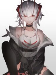 Rule 34 | 1girl, antenna hair, arknights, bare shoulders, black jacket, black shorts, black thighhighs, collarbone, grey hair, grey shirt, highres, horns, jacket, knee up, long hair, long sleeves, looking at viewer, multicolored hair, off shoulder, open clothes, open jacket, parted lips, red eyes, red hair, shirt, shorts, simple background, sitting, smile, solo, tank top, thighhighs, two-tone hair, underbust, w (arknights), wen54, white background