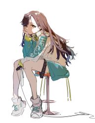 Rule 34 | 1girl, absurdres, black hair, blue jacket, commentary, green shorts, hair ornament, hairclip, head rest, headphones, headphones around neck, highres, holding, holding microphone, jacket, kurattes, long hair, long sleeves, looking at viewer, microphone, microphone cord, multicolored clothes, multicolored jacket, project sekai, shiraishi an, shoes, shorts, sitting, sneakers, solo, star (symbol), star hair ornament, stool, two-tone jacket, white footwear, white jacket, yellow eyes
