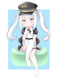 Rule 34 | 1girl, :t, apron, black dress, black hat, blue background, blue eyes, blush, brown eyes, closed mouth, collared dress, commentary request, dress, frilled apron, frilled dress, frills, gloves, hat, head tilt, heterochromia, highres, kagura gumi, kagura mea, knee up, long hair, no shoes, peaked cap, pout, puffy short sleeves, puffy sleeves, shiro hakuchou, short sleeves, sidelocks, sitting, solo, tears, thighhighs, twintails, two-tone background, very long hair, virtual youtuber, waist apron, wavy eyes, white apron, white background, white gloves, white hair, white thighhighs