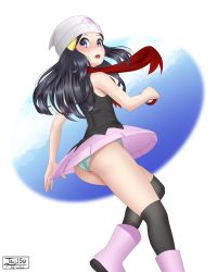 Rule 34 | beanie, black hair, black shirt, black thighhighs, blush, boots, commentary, creatures (company), dated, dawn (pokemon), eyelashes, floating scarf, game freak, green panties, grey eyes, hair ornament, hairclip, hat, holding, holding poke ball, jay156, long hair, looking back, nintendo, open mouth, over-kneehighs, panties, pink footwear, pink skirt, poke ball, poke ball (basic), pokemon, pokemon dppt, red scarf, scarf, shirt, sidelocks, signature, skirt, sleeveless, sleeveless shirt, solo, teeth, thighhighs, tongue, underwear, upper teeth only, upskirt, white hat