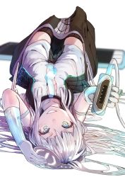 Rule 34 | 1girl, akieda, battery, black thighhighs, blue eyes, blue necktie, blurry, cellphone, collarbone, commentary, depth of field, dress, feet up, gloves, green eyes, grey hair, hair between eyes, headphones, highres, holding, long hair, looking at viewer, lying, multicolored eyes, necktie, on back, original, parted lips, personification, phone, power symbol, smartphone, smile, solo, teeth, thighhighs, thighs, upside-down, usb, white background, white dress, white gloves