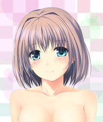 Rule 34 | 1girl, amicis, blue eyes, blush, brown hair, checkered background, collarbone, eyes visible through hair, female focus, looking at viewer, original, portrait, short hair, simple background, smile, solo, topless frame, upper body