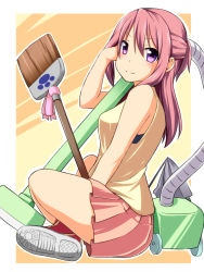 Rule 34 | 1girl, bare arms, bare shoulders, blush, border, breasts, broom, closed mouth, commentary request, dot nose, from side, hand in own hair, hand up, highres, holding, holding broom, indian style, long hair, looking at viewer, looking to the side, medium breasts, miniskirt, nitizyo, original, outside border, over shoulder, paw print, pink skirt, pleated skirt, purple eyes, shoe soles, shoes, sitting, skirt, smile, sneakers, solo, split mouth, vacuum cleaner, white border