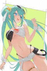 1girl aqua_eyes aqua_hair bikini bikini_top_only breasts cleavage commentary_request double_bun eyewear_on_head fang goodsmile_racing green_background hair_bun hatsune_miku highleg highleg_panties highres koyo2023 medium_breasts midriff navel open_fly open_mouth panties partial_commentary racing_miku racing_miku_(2023) short_shorts shorts simple_background skindentation solo stomach sunglasses sweat swimsuit thigh_strap thighs twintails underboob underwear vocaloid