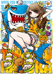 Rule 34 | 1girl, anklet, armpits, bracelet, brown eyes, brown hair, chain, crown, eyelashes, feet, flower, hair flower, hair ornament, heart, jewelry, legs, long hair, navel, necklace, project.c.k., real life, sandals, voice actor, shark, shorts, sleeveless, smile, solo, stuffed animal, stuffed toy, teddy bear, toes, tomatsu haruka
