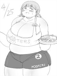 Rule 34 | 1girl, blush, breasts, fat, food, hooters, huge breasts, name tag, obese, plate, shimejix, waitress
