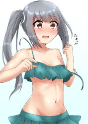 Rule 34 | 1girl, bikini, blush, breasts, brown eyes, cleavage, green bikini, grey hair, groin, hair between eyes, highres, kantai collection, kasumi (kancolle), long hair, looking at viewer, open mouth, rokosu (isibasi403), side ponytail, simple background, small breasts, solo, swimsuit, untied bikini, white background