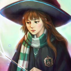 Rule 34 | 1girl, badge, blue background, blunt bangs, blush, brown hair, commentary request, energy, frown, glowing, green background, green eyes, harry potter (series), hat, heterochromia, hogwarts school uniform, joy (aka0319), lips, lipstick, long hair, makeup, orange hair, original, partial commentary, photoshop (medium), red eyes, red hair, robe, scarf, school uniform, slytherin, solo, straight hair, striped clothes, striped scarf, sweater, upper body, wand, witch hat, wizarding world
