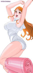 Rule 34 | 1girl, armpits, arms up, ass, bare shoulders, blush, boots, breasts, brown eyes, commentary, english commentary, feet out of frame, floating hair, headphones, highres, hood, hood down, hoodie, knee boots, large breasts, leotard, long hair, looking at viewer, nail polish, nami (one piece), nami (one piece) (egghead), official alternate costume, one piece, open mouth, orange hair, orange nails, paid reward available, patreon username, pink footwear, pink headphones, science fiction, sidelocks, simple background, sleeveless, sleeveless hoodie, smile, solo, teeth, thighs, tongue, upper teeth only, uukkaa, wavy hair, white background, white hoodie, white leotard