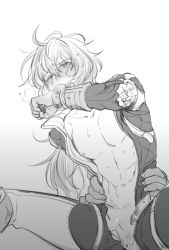 Rule 34 | 10s, 1boy, covering own mouth, gloves, granblue fantasy, greyscale, hands on another&#039;s hips, implied sex, implied yaoi, long hair, male focus, meteon (granblue fantasy), monochrome, no panties, one eye closed, open mouth, penis, pilot suit, ponytail, sig (shirufuro), simple background, solo focus, sweat, tears, unzipped, white background