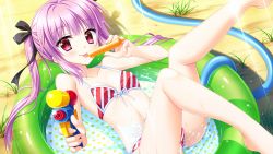 Rule 34 | 1girl, bikini, day, diagonal stripes, floral flowlove, food, game cg, hair ribbon, hose, legs up, licking, light rays, long hair, looking at viewer, lying, moribe (rabumanyo), on back, outdoors, partially submerged, popsicle, purple eyes, purple hair, ribbon, saisu riku, smile, solo, striped bikini, striped clothes, swimsuit, tongue, tongue out, twintails, very long hair, wading pool, water, water gun