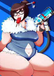 Rule 34 | 1girl, belly, black-framed eyewear, breasts, brown eyes, brown hair, food, glasses, gun, hair bun, hair ornament, hair up, hairpin, highres, holding, holding weapon, kneeling, large breasts, mei (overwatch), navel, overwatch, overwatch 1, plump, popsicle, red nose, single hair bun, solo, thick thighs, thighs, weapon