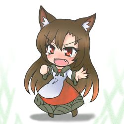 Rule 34 | 1girl, [], animal ears, blush, brooch, brown hair, chibi, dress, fang, fingernails, imaizumi kagerou, jewelry, long hair, long sleeves, open mouth, red eyes, solo, tears, touhou, white background, wolf ears