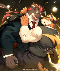 Rule 34 | 2boys, :q, absurdres, animal ears, ass, bara, beard, biceps, carrying, carrying person, dragon (any), dragon boy, dragon ears, dragon horns, eye contact, facial hair, food in mouth, forgetch (chen0for), forked eyebrows, formal, furry, furry male, furry with furry, glint, goatee, highres, horns, husband and husband, jacket, jacket on shoulders, jaguar boy, jaguar ears, jewelry, long hair, looking at another, male focus, mature male, multiple boys, muscular, muscular male, original, pants, pocky, pocky in mouth, ring, romg, romg the jaguar, second-party source, short hair, suit, thick eyebrows, tongue, tongue out, yaoi