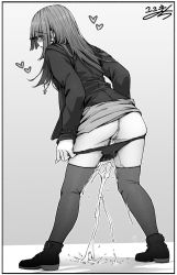 Rule 34 | 1girl, anus, artist name, ass, blunt bangs, blush, border, clothes lift, earrings, female focus, from behind, full body, gradient background, grey background, greyscale, heart, heart necklace, highres, jacket, jewelry, kokomachi, lifting own clothes, long hair, long sleeves, miniskirt, monochrome, necklace, nose blush, open clothes, open jacket, open mouth, original, outline, panties, panty pull, pee, peeing, peeing self, pulling own clothes, pussy, shoes, sidelocks, sideways mouth, signature, simple background, skindentation, skirt, skirt lift, solo, standing, thighhighs, uncensored, underwear, wet, wet clothes, wet panties, white border, white outline