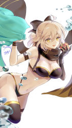 Rule 34 | 1girl, absurdres, ahoge, air bubble, armband, artist name, bikini, black bikini, black border, black scarf, black thighhighs, blonde hair, blurry, blurry foreground, border, bow, breasts, bubble, cleavage, commentary, dated, fate/grand order, fate (series), gift, hair bow, highres, holding, holding gift, leaning forward, looking at viewer, medium breasts, medium hair, multi-strapped bikini, navel, okita j. souji (fate), okita j. souji (first ascension) (fate), okita souji (fate), okita souji (koha-ace), open mouth, scarf, signature, simple background, smile, solo, standing, swimsuit, thighhighs, translated, white background, wristband, yellow eyes, youda (seravichacha)