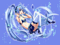 Rule 34 | 1girl, blue eyes, blue hair, female focus, full body, garter straps, hatsune miku, high heels, highres, legs, long hair, matching hair/eyes, musical note, nail polish, navel, open mouth, ribbon, shoes, skirt, solo, thighhighs, twintails, very long hair, vocaloid, yayoi (egoistic realism)