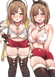 Rule 34 | 1girl, :d, :o, ass, atelier (series), atelier ryza, atelier ryza 1, bikini, bikini top only, black hairband, blush, boots, breasts, brown eyes, brown footwear, brown gloves, brown hair, brown thighhighs, cleavage, clothing cutout, collarbone, commentary request, fang, floral print, gloves, hair between eyes, hair ornament, hairband, hairclip, hand on own hip, hat, highres, jacket, jewelry, large breasts, leaning forward, leather, leather gloves, looking at viewer, medium hair, midriff, multiple views, navel, necklace, open mouth, red shorts, reisalin stout, shiny skin, short shorts, shorts, shoulder cutout, simple background, single glove, skindentation, smile, spicy moo, standing, star (symbol), star necklace, stomach, sweatdrop, swimsuit, teeth, thigh boots, thigh gap, thighhighs, thighs, tsurime, white background, white bikini, white headwear