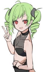 Rule 34 | 1girl, :d, absurdres, bare arms, bare shoulders, breasts, cleavage, collarbone, covered collarbone, delruki, delutaya, diagonal bangs, drill hair, fang, from side, green hair, hand on own hip, hand up, highres, indie virtual youtuber, looking at viewer, looking to the side, navel, open mouth, red eyes, simple background, sketch, small breasts, smile, solo, syhan, twin drills, twintails, v, virtual youtuber, white background