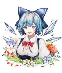 Rule 34 | 1girl, absurdres, blue bow, blue dress, blue eyes, blue hair, bow, breasts, cirno, collar, collared shirt, commentary, dress, eyebrows hidden by hair, fairy wings, fanshu, flower, hair bow, highres, ice, ice wings, looking at viewer, medium breasts, open mouth, pinafore dress, puffy short sleeves, puffy sleeves, red bow, shirt, short hair, short sleeves, simple background, sleeveless dress, smile, solo, touhou, upper body, white background, white shirt, wings