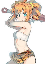 Rule 34 | 1girl, :o, aqua eyes, armpits, arms up, bandeau, bare arms, bare shoulders, bikini, bikini under clothes, blush, breasts, cleavage, club, club (weapon), commentary request, cowboy shot, hair ornament, hair scrunchie, highres, holding, holding weapon, horns, idolmaster, idolmaster (classic), long hair, looking at viewer, miniskirt, navel, open mouth, orange hair, orange skirt, scrunchie, setsubun, sidelocks, simple background, skirt, small breasts, solo, spiked club, stomach, strapless, strapless bikini, striped clothes, striped skirt, swimsuit, takatsuki yayoi, tareme, tsurui, twintails, upskirt, v-shaped eyebrows, weapon, white background, white bikini