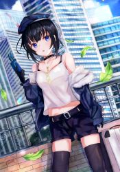 Rule 34 | 1girl, bare shoulders, belt, beret, black gloves, black hair, black jacket, black shorts, black thighhighs, blue eyes, building, camisole, choker, cityscape, collarbone, commentary request, day, dutch angle, fur trim, gloves, hand up, hat, highres, holding, jacket, jewelry, leaf, looking at viewer, midriff, necklace, off shoulder, open clothes, open jacket, original, outdoors, panipo2501, parted lips, phone, railing, shirt, shirt overhang, short hair, short shorts, shorts, skyscraper, sleeveless, sleeveless shirt, solo, spaghetti strap, standing, thighhighs, white shirt