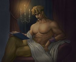 Rule 34 | 1boy, abs, armband, bare pectorals, blonde hair, book, candle, candlestand, collarbone, curtains, dio brando, earrings, fire, green lips, headband, heart, holding, holding book, jewelry, jojo no kimyou na bouken, crossed legs, looking at viewer, makeup, male focus, muscular, muscular male, nipples, open book, pectorals, scar, scar on neck, topless male, solo, stardust crusaders, ye (ye79132751), yellow eyes