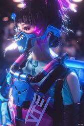 Rule 34 | 1girl, apex legends, armor, black hair, blue shirt, breastplate, clothing cutout, cosplay photo, di guan, fluorescent tech valkyrie, highres, looking to the side, mask, mouth mask, multicolored hair, photo (medium), purple eyes, purple hair, shirt, shoulder cutout, solo, streaked hair, upper body, valkyrie (apex legends)