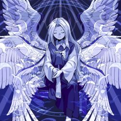 Rule 34 | 1girl, angel, angel wings, blue dress, blue hair, blue theme, closed eyes, collared shirt, commentary request, dress, highly responsive to prayers, kaigen 1025, long hair, long sleeves, multiple wings, sariel (touhou), seraph, shirt, smile, touhou, touhou (pc-98), very long hair, white hair, wings