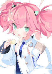 Rule 34 | 1girl, :o, absurdres, ahoge, bare shoulders, blue archive, blue necktie, blush, breasts, chips (food), fang, food, green eyes, hair ornament, halo, highres, holding, horns, huge ahoge, jacket, jitome, light blush, looking at viewer, medium hair, momoka (blue archive), necktie, off shoulder, open mouth, pink hair, pointy ears, rotroto, skin fang, sleeveless, small breasts, solo, twintails