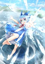 Rule 34 | 1girl, aiming, aiming at viewer, barefoot, bloomers, blue dress, blue eyes, blue hair, blue sky, bow, cirno, cloud, day, dress, feet, foreshortening, hair bow, highres, ice, ice wings, lake, matching hair/eyes, open mouth, puffy short sleeves, puffy sleeves, scarlet devil mansion, shirt, short sleeves, sky, smile, solo, spell, toes, touhou, toutenkou, underwear, wings