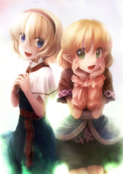 Rule 34 | 2girls, alice margatroid, arm warmers, blonde hair, blue dress, blue eyes, capelet, dress, female focus, green eyes, hairband, hands on own cheeks, hands on own face, highres, ikamagu, ikmg, jewelry, looking at viewer, mizuhashi parsee, multiple girls, open mouth, pointy ears, ring, sash, shirt, short hair, skirt, smile, touhou