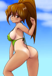 Rule 34 | 1girl, ass, blush, breasts, brown eyes, brown hair, butt crack, covered erect nipples, g-string, green one-piece swimsuit, hair between eyes, impossible clothes, impossible swimsuit, kawai iyona, long hair, looking at viewer, looking back, magical taruruuto-kun, medium breasts, one-piece swimsuit, panties, ponytail, sideboob, slingshot swimsuit, solo, sweat, swimsuit, thong, tsumitani daisuke, underwear