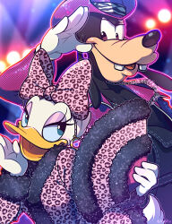 1boy 1girl animal_ears bow daisy_duck disney dog dog_boy dog_ears goofy hair_bow hand_fan kiri_futoshi looking_at_viewer smile spotlight