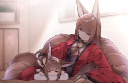 2girls absurdres amagi-chan_(azur_lane) amagi_(azur_lane) animal_ear_fluff animal_ears azur_lane black_gloves breasts brown_hair brown_tail cleavage closed_eyes closed_mouth commentary dated_commentary eyeliner fox_ears fox_girl fox_tail gloves hand_on_another&#039;s_head head_on_pillow highres indoors japanese_clothes kimono kitsune kyuubi large_breasts long_hair long_sleeves looking_at_another lying makeup mother_and_daughter multiple_girls multiple_tails on_floor on_side on_stomach partially_fingerless_gloves pillow purple_eyes red_eyeliner red_kimono sakuramon samip see-through_cleavage see-through_clothes sleeping smile sunlight tail thick_eyebrows wide_sleeves window