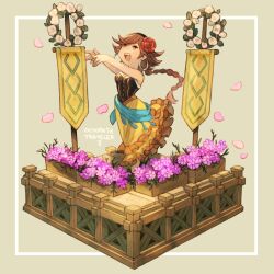 Rule 34 | 1girl, agnea bristarni, banner, bare shoulders, braid, brown eyes, brown hair, cherry blossoms, chibi, commentary request, copyright name, dress, earrings, flower, frilled dress, frills, full body, hair flower, hair ornament, highres, irono16, isometric, jewelry, long hair, octopath traveler, octopath traveler ii, open mouth, outstretched arms, smile, solo, standing, standing on one leg, teeth, upper teeth only, wooden floor